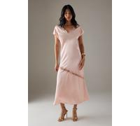 Warehouse Women's High Shine Satin Grown On Sleeve Lace Midi Tea Dress in Peach | Size: 10 Warehouse Peach 10