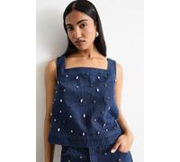 Warehouse Women's Hotfix Embellished Denim Square Neck Top in Indigo | Size: 10