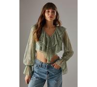 Warehouse Women's Lace Double Ruffle Blouson Blouse in Khaki | Size: 14 Warehouse Khaki 14