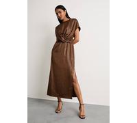 Warehouse Women's Leather Look Satin Twist Front Detail Midi Dress in Chocolate | Size: 12