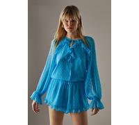 Warehouse Women's Marble Dobby Chiffon Ruffle Blouson Playsuit in Azure | Size: 8