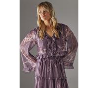 Warehouse Women's Metallic Chiffon Ruffle Tie Front Flared Sleeve Blouse in Mauve | Size: 12 Warehouse Mauve 12