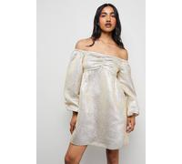 Warehouse Women's Metallic Jacquard Bardot Balloon Sleeve Mini Dress | Size: 12 Warehouse Multicolor 12
