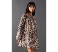 Warehouse Women's Metallic Jacquard Dobby Flared Sleeve Mini Dress in Animal | Size: 8