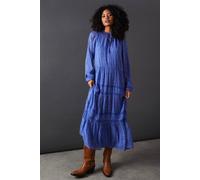 Warehouse Women's Metallic Jacquard Dobby Lace Insert Midi Smock Dress in Blue | Size: 6