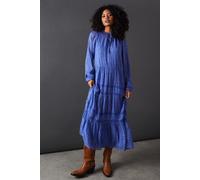 Warehouse Metallic Jacquard Dobby Lace Insert Midi Smock Dress In Blue blue 8