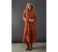 Warehouse Women's Metallic Jacquard Dobby Lace Insert Midi Smock Dress in Rust | Size: 8