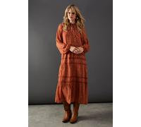 Warehouse Metallic Jacquard Dobby Lace Insert Midi Smock Dress In Rust rust 8