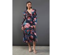 Warehouse Women's Metallic Shadow Stripe Gathered Sleeve Plunge Neck Maxi Dress in Floral | Size: 10