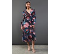 Warehouse Women's Metallic Shadow Stripe Gathered Sleeve Plunge Neck Maxi Dress in Floral | Size: 8 Warehouse Floral 8