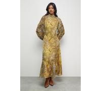 Warehouse Women's Paisley Burnout Spot High Neck Godet Midi Dress in Mustard | Size: 16 Warehouse Mustard 16