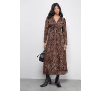 Warehouse Women's Petite Burnout Velvet Plunge Neck Waisted Midi Dress in Animal | Size: 10 Warehouse Animal 10