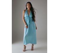 Warehouse Women's Petite Crinkle Satin Halter Drawstring Waist Bias Midi Dress in Aqua | Size: 12 Warehouse Aqua 12