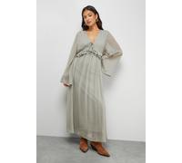 Warehouse Women's Petite Dobby Chiffon Plunge Neck Ruffle Midi Smock Dress in Khaki | Size: 10 Warehouse Khaki 10