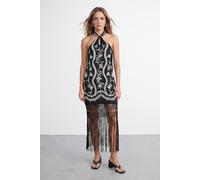 Warehouse Women's Petite Embroidered Fringe Mini Dress in Black | Size: 10