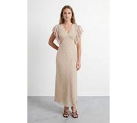 Warehouse Women's Petite Polka Dot Print Ruffled Sleeve V Neck Maxi Dress in Ivory | Size: 14