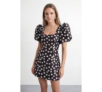 Warehouse Women's Petite Polka Dot Puff Sleeve A-Line Mini Dress in Mono | Size: 12