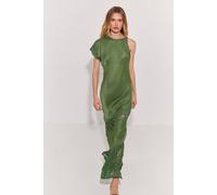 Warehouse Women's Petite Premium Asymmetric Neckline Lace Panelled Maxi Dress in Olive | Size: 14