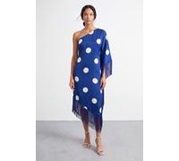 Warehouse Women's Petite Premium Fringe Trim One Shoulder Midi Dress in Cobalt | Size: 12