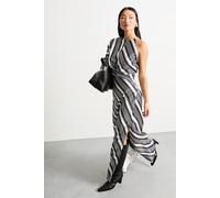 Warehouse Women's Petite Printed One Shoulder Twist Front Keyhole Satin Maxi Dress in Stripe | Size: 6