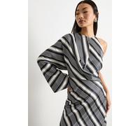 Warehouse Women's Petite Printed One Shoulder Twist Front Keyhole Satin Maxi Dress in Stripe | Size: 8 Warehouse Stripe 8
