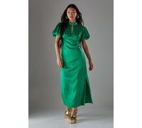 Petite Rose Satin Jacquard Puff Sleeve Tie Back Midi Dress Warehouse Bright Green 8