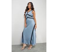 Warehouse Women's Petite Satin Contrast Lace Midi Slip Dress in Blue | Size: 8