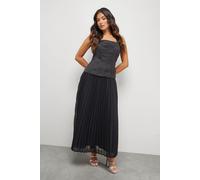 Petite Satin Fitted Bodice Chiffon Pleated Skirt Midi Dress Warehouse Black 12