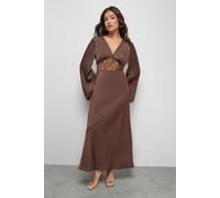 Warehouse Women's Petite Satin Lace Insert Flute Sleeve Midi Dress in Chocolate | Size: 8 Warehouse Chocolate 8
