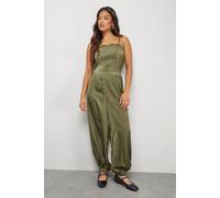 Petite Satin Lace Trim Elasticated Cuff Strappy Jumpsuit Warehouse Olive 6