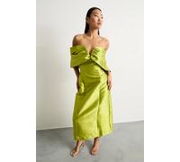 Warehouse Women's Petite Satin Twill Notch Front Bardot Midi Dress in Chartreuse | Size: 10 Warehouse Chartreuse 10