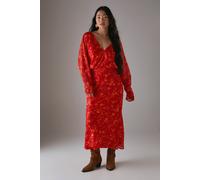 Warehouse Women's Petite Shadow Stripe Batwing Plunge Neck Midi Dress in Red | Size: 6
