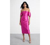 Warehouse Women's Petite Structured Puff Sleeve Bardot Midi Dress in Pink | Size: 14