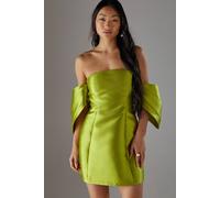 Warehouse Women's Petite Structured Puff Sleeve Bardot Mini Dress in Chartreuse | Size: 6