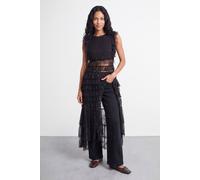 Warehouse Women's Petite Tulle Embroidered Ruffle Tiered Maxi Dress in Black | Size: 18