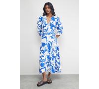 Warehouse Women's Petite Viscose Floral V Neck Puff Sleeve Midi Dress in Blue | Size: 8 Warehouse Blue 8