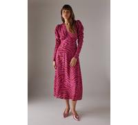 Warehouse Women's Pink Zebra Print Viscose V Neck Long Puff Sleeve Midi Dress | Size: 8