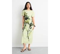 Warehouse Women's Placement Print Crinkle Satin Ruched Midi Dress in Lime Yellow | Size: 8 Warehouse Lime Yellow 8
