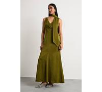 Warehouse Women's Plain Scarf Detail Tie Neck Maxi Dress in Olive | Size: 10 Warehouse Olive 10