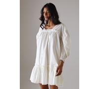 Warehouse Women's Poplin Frill Balloon Sleeve Mini Smock Dress in White | Size: 12 Warehouse White 12