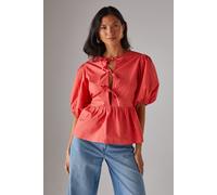 Warehouse Women's Poplin Tie Front Volume Sleeve Blouse in Coral | Size: 10 Warehouse Coral 10