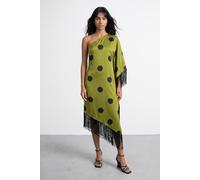 Warehouse Women's Premium Fringe Trim One Shoulder Midi Dress in Olive | Size: 8