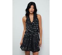 Warehouse Women's Premium Hand Embellished Sequin Cowl Front Flippy Mini Dress in Black | Size: 8 Warehouse Black 8