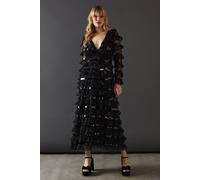 Warehouse Women's Premium Lace Sequin Frill Tier Plunge Neck Maxi Dress in Black | Size: 4