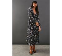 Warehouse Women's Premium Printed Velvet V Neck Midi Tea Dress in Black | Size: 8