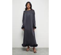 Warehouse Women's Premium Satin Feather High Neck Swing Midi Dress in Black | Size: 6