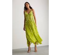 Warehouse Women's Premium Teardrop Embellished Bias Cut Midi Dress in Chartreuse | Size: 8