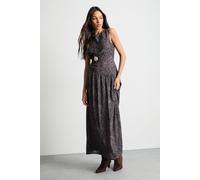 Warehouse Women's Printed Dropped Waist Chiffon Tiered Maxi Dress in Brown | Size: 10