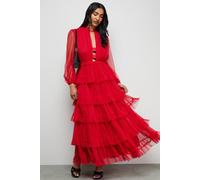 Warehouse Women's Ruffle Neck Tulle Maxi Dress in Red | Size: 8