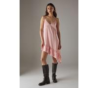 Warehouse Women's Satin Asymmetric Ruffle Mini Strappy Dress in Peach | Size: 8 Warehouse Peach 8